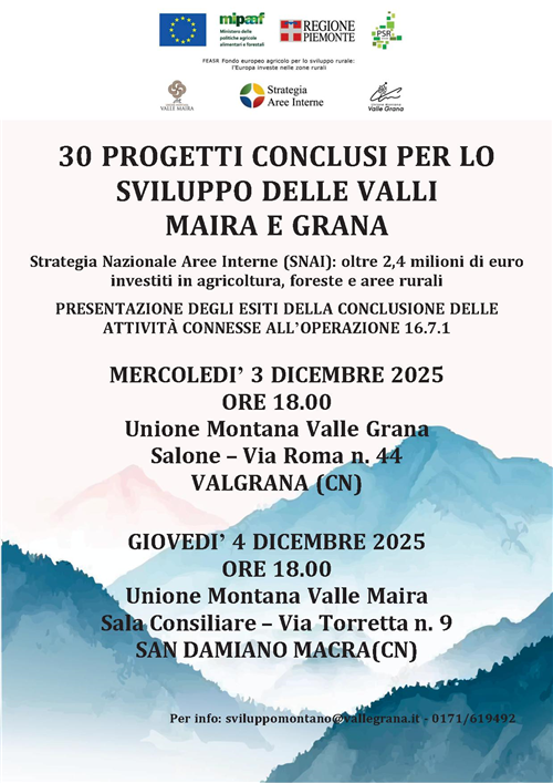 Invito alla presentazione finale della Strategia Nazionale AREE INTERNE Valli Maira e Grana per l'AGRICOLTURA